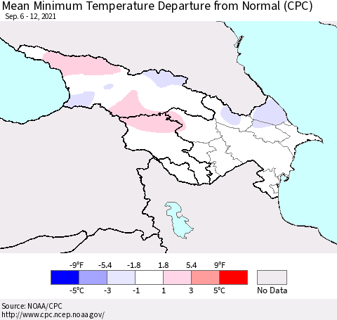 Azerbaijan, Armenia and Georgia Mean Minimum Temperature Departure from Normal (CPC) Thematic Map For 9/6/2021 - 9/12/2021