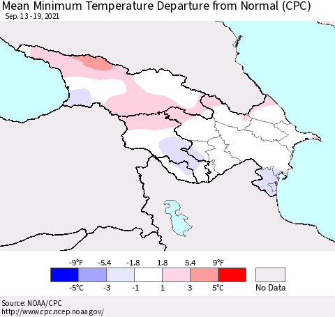 Azerbaijan, Armenia and Georgia Mean Minimum Temperature Departure from Normal (CPC) Thematic Map For 9/13/2021 - 9/19/2021