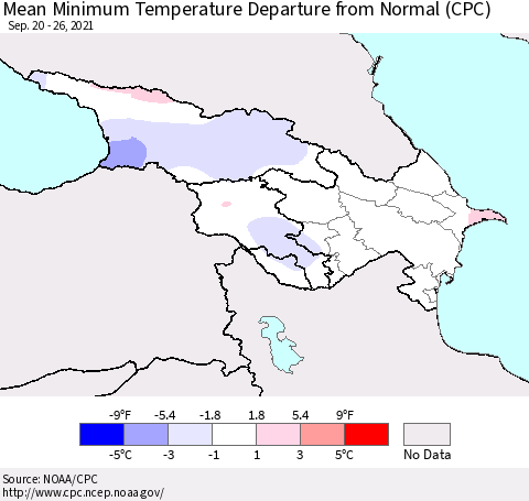 Azerbaijan, Armenia and Georgia Mean Minimum Temperature Departure from Normal (CPC) Thematic Map For 9/20/2021 - 9/26/2021