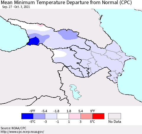 Azerbaijan, Armenia and Georgia Mean Minimum Temperature Departure from Normal (CPC) Thematic Map For 9/27/2021 - 10/3/2021