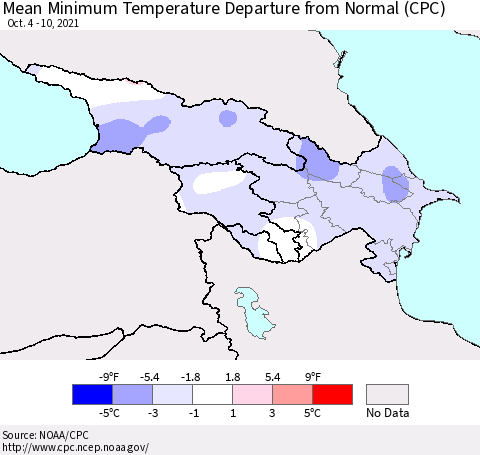 Azerbaijan, Armenia and Georgia Mean Minimum Temperature Departure from Normal (CPC) Thematic Map For 10/4/2021 - 10/10/2021