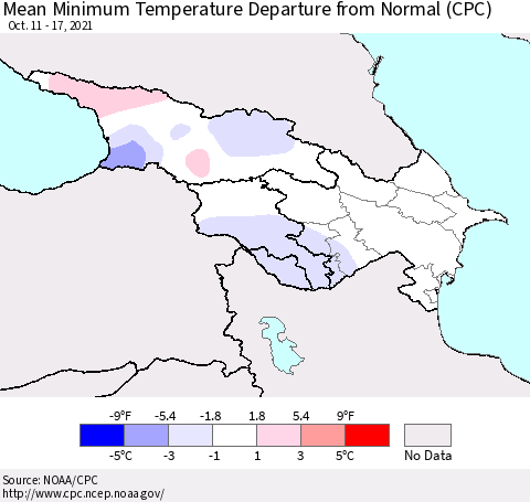 Azerbaijan, Armenia and Georgia Mean Minimum Temperature Departure from Normal (CPC) Thematic Map For 10/11/2021 - 10/17/2021