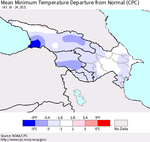 Azerbaijan, Armenia and Georgia Mean Minimum Temperature Departure from Normal (CPC) Thematic Map For 10/18/2021 - 10/24/2021