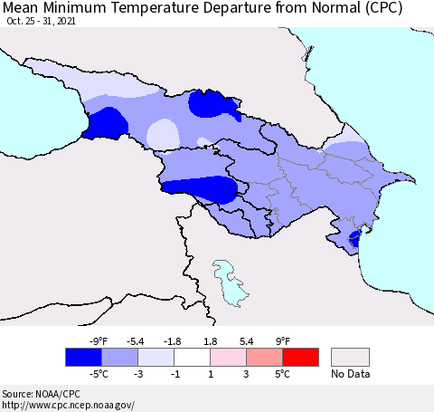 Azerbaijan, Armenia and Georgia Mean Minimum Temperature Departure from Normal (CPC) Thematic Map For 10/25/2021 - 10/31/2021