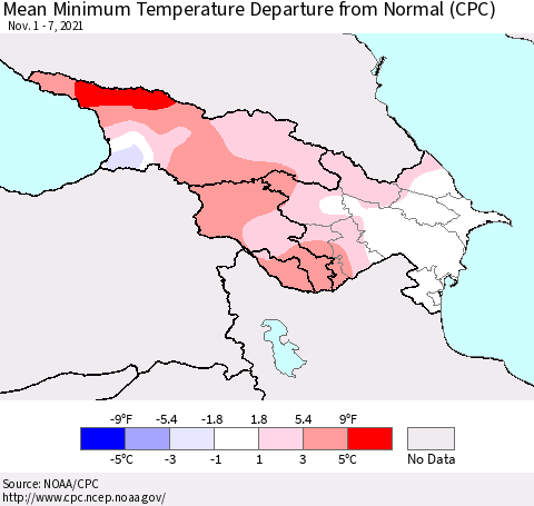 Azerbaijan, Armenia and Georgia Mean Minimum Temperature Departure from Normal (CPC) Thematic Map For 11/1/2021 - 11/7/2021