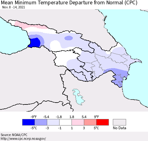 Azerbaijan, Armenia and Georgia Mean Minimum Temperature Departure from Normal (CPC) Thematic Map For 11/8/2021 - 11/14/2021