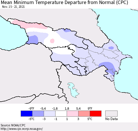 Azerbaijan, Armenia and Georgia Mean Minimum Temperature Departure from Normal (CPC) Thematic Map For 11/15/2021 - 11/21/2021