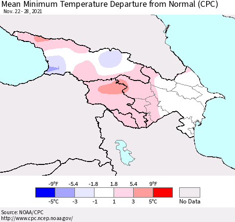 Azerbaijan, Armenia and Georgia Mean Minimum Temperature Departure from Normal (CPC) Thematic Map For 11/22/2021 - 11/28/2021