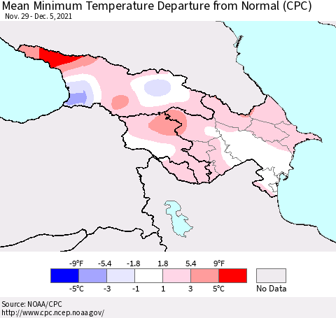 Azerbaijan, Armenia and Georgia Mean Minimum Temperature Departure from Normal (CPC) Thematic Map For 11/29/2021 - 12/5/2021