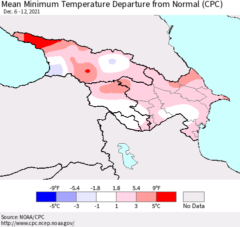 Azerbaijan, Armenia and Georgia Mean Minimum Temperature Departure from Normal (CPC) Thematic Map For 12/6/2021 - 12/12/2021