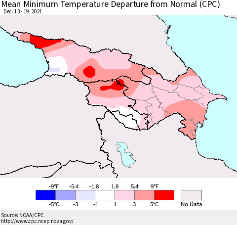 Azerbaijan, Armenia and Georgia Mean Minimum Temperature Departure from Normal (CPC) Thematic Map For 12/13/2021 - 12/19/2021