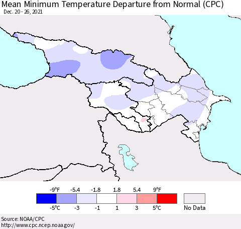 Azerbaijan, Armenia and Georgia Mean Minimum Temperature Departure from Normal (CPC) Thematic Map For 12/20/2021 - 12/26/2021