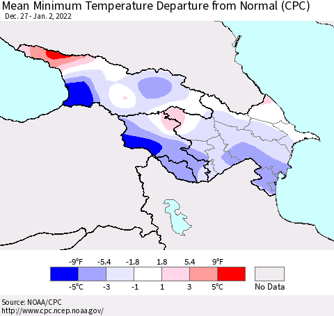 Azerbaijan, Armenia and Georgia Mean Minimum Temperature Departure from Normal (CPC) Thematic Map For 12/27/2021 - 1/2/2022