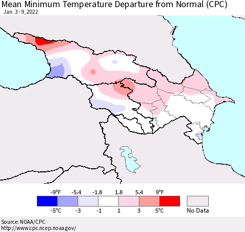 Azerbaijan, Armenia and Georgia Mean Minimum Temperature Departure from Normal (CPC) Thematic Map For 1/3/2022 - 1/9/2022