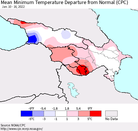 Azerbaijan, Armenia and Georgia Mean Minimum Temperature Departure from Normal (CPC) Thematic Map For 1/10/2022 - 1/16/2022