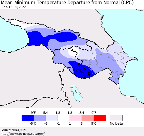 Azerbaijan, Armenia and Georgia Mean Minimum Temperature Departure from Normal (CPC) Thematic Map For 1/17/2022 - 1/23/2022