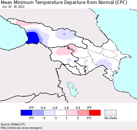 Azerbaijan, Armenia and Georgia Mean Minimum Temperature Departure from Normal (CPC) Thematic Map For 1/24/2022 - 1/30/2022