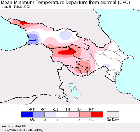 Azerbaijan, Armenia and Georgia Mean Minimum Temperature Departure from Normal (CPC) Thematic Map For 1/31/2022 - 2/6/2022