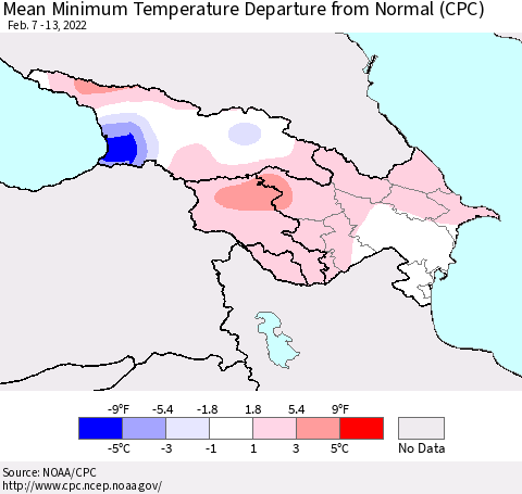 Azerbaijan, Armenia and Georgia Mean Minimum Temperature Departure from Normal (CPC) Thematic Map For 2/7/2022 - 2/13/2022