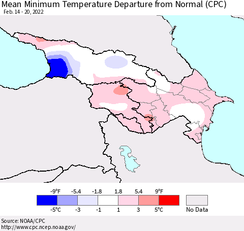Azerbaijan, Armenia and Georgia Mean Minimum Temperature Departure from Normal (CPC) Thematic Map For 2/14/2022 - 2/20/2022