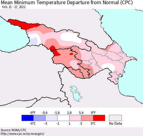 Azerbaijan, Armenia and Georgia Mean Minimum Temperature Departure from Normal (CPC) Thematic Map For 2/21/2022 - 2/27/2022