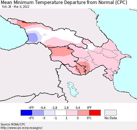 Azerbaijan, Armenia and Georgia Mean Minimum Temperature Departure from Normal (CPC) Thematic Map For 2/28/2022 - 3/6/2022