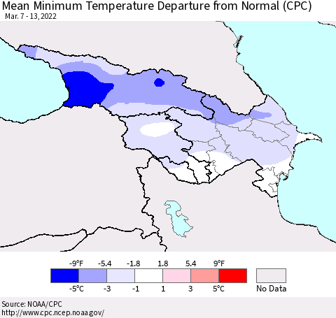 Azerbaijan, Armenia and Georgia Mean Minimum Temperature Departure from Normal (CPC) Thematic Map For 3/7/2022 - 3/13/2022