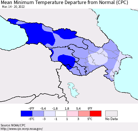 Azerbaijan, Armenia and Georgia Mean Minimum Temperature Departure from Normal (CPC) Thematic Map For 3/14/2022 - 3/20/2022