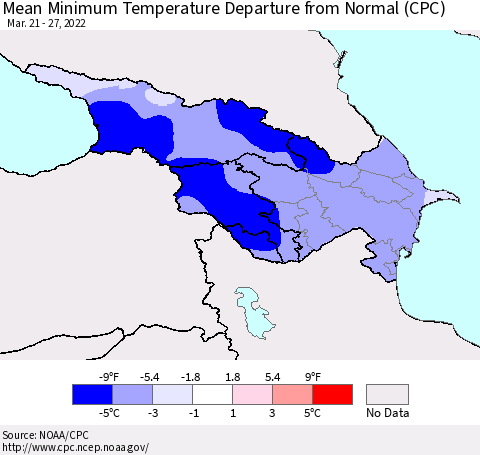 Azerbaijan, Armenia and Georgia Mean Minimum Temperature Departure from Normal (CPC) Thematic Map For 3/21/2022 - 3/27/2022