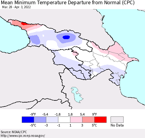 Azerbaijan, Armenia and Georgia Mean Minimum Temperature Departure from Normal (CPC) Thematic Map For 3/28/2022 - 4/3/2022