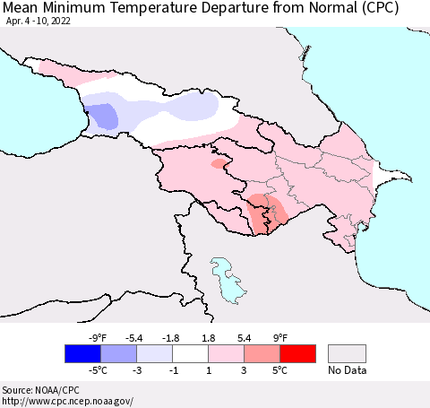 Azerbaijan, Armenia and Georgia Mean Minimum Temperature Departure from Normal (CPC) Thematic Map For 4/4/2022 - 4/10/2022