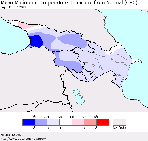 Azerbaijan, Armenia and Georgia Mean Minimum Temperature Departure from Normal (CPC) Thematic Map For 4/11/2022 - 4/17/2022