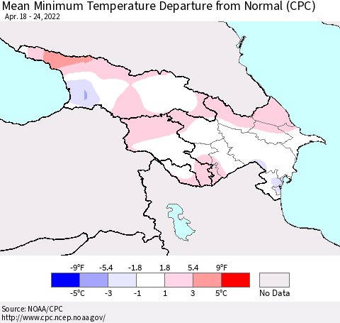 Azerbaijan, Armenia and Georgia Mean Minimum Temperature Departure from Normal (CPC) Thematic Map For 4/18/2022 - 4/24/2022