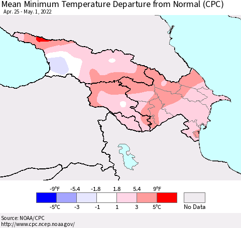 Azerbaijan, Armenia and Georgia Mean Minimum Temperature Departure from Normal (CPC) Thematic Map For 4/25/2022 - 5/1/2022