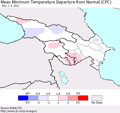 Azerbaijan, Armenia and Georgia Mean Minimum Temperature Departure from Normal (CPC) Thematic Map For 5/2/2022 - 5/8/2022