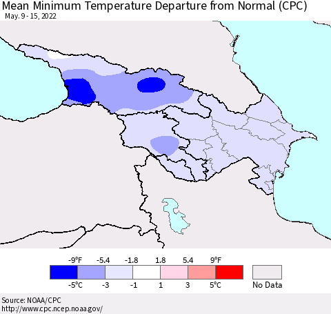 Azerbaijan, Armenia and Georgia Mean Minimum Temperature Departure from Normal (CPC) Thematic Map For 5/9/2022 - 5/15/2022