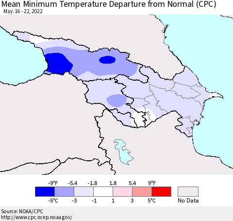 Azerbaijan, Armenia and Georgia Mean Minimum Temperature Departure from Normal (CPC) Thematic Map For 5/16/2022 - 5/22/2022