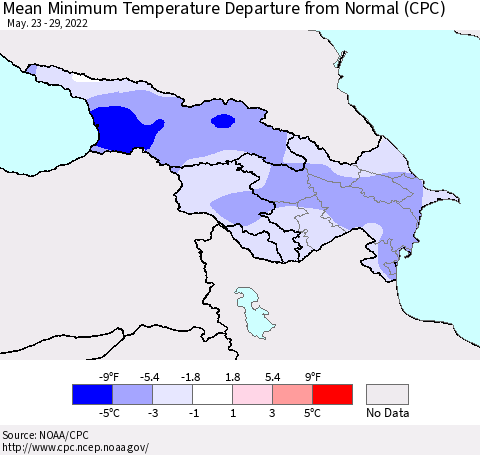 Azerbaijan, Armenia and Georgia Mean Minimum Temperature Departure from Normal (CPC) Thematic Map For 5/23/2022 - 5/29/2022