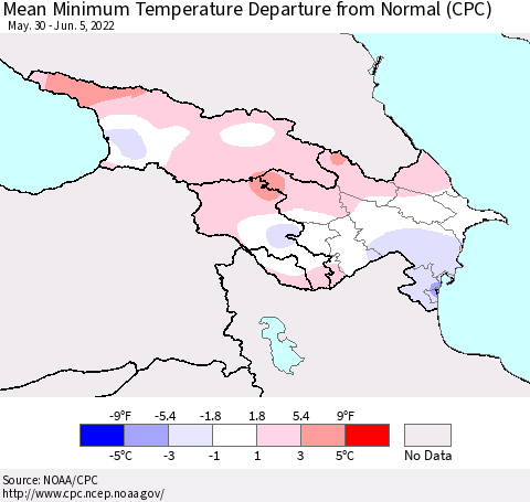 Azerbaijan, Armenia and Georgia Mean Minimum Temperature Departure from Normal (CPC) Thematic Map For 5/30/2022 - 6/5/2022