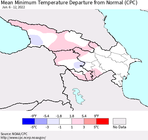Azerbaijan, Armenia and Georgia Mean Minimum Temperature Departure from Normal (CPC) Thematic Map For 6/6/2022 - 6/12/2022