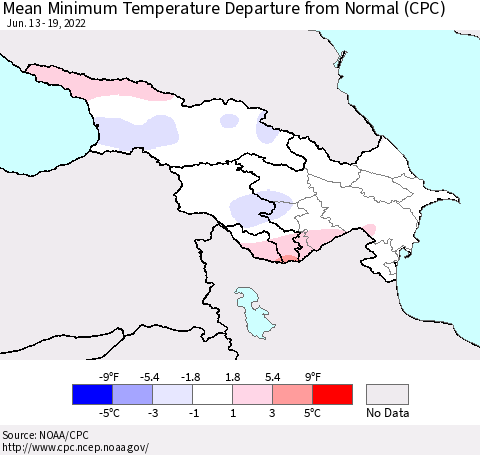 Azerbaijan, Armenia and Georgia Mean Minimum Temperature Departure from Normal (CPC) Thematic Map For 6/13/2022 - 6/19/2022