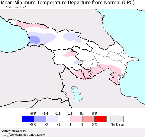 Azerbaijan, Armenia and Georgia Mean Minimum Temperature Departure from Normal (CPC) Thematic Map For 6/20/2022 - 6/26/2022