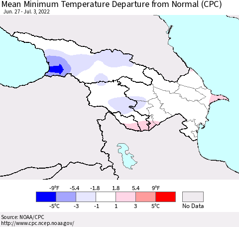 Azerbaijan, Armenia and Georgia Mean Minimum Temperature Departure from Normal (CPC) Thematic Map For 6/27/2022 - 7/3/2022