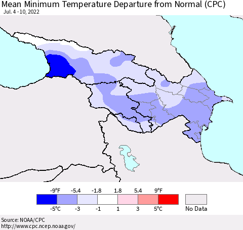 Azerbaijan, Armenia and Georgia Mean Minimum Temperature Departure from Normal (CPC) Thematic Map For 7/4/2022 - 7/10/2022
