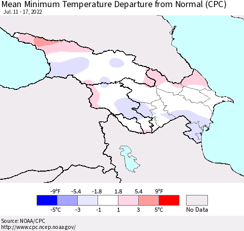 Azerbaijan, Armenia and Georgia Mean Minimum Temperature Departure from Normal (CPC) Thematic Map For 7/11/2022 - 7/17/2022