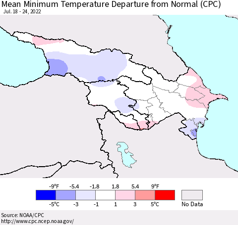 Azerbaijan, Armenia and Georgia Mean Minimum Temperature Departure from Normal (CPC) Thematic Map For 7/18/2022 - 7/24/2022