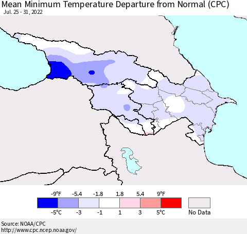 Azerbaijan, Armenia and Georgia Mean Minimum Temperature Departure from Normal (CPC) Thematic Map For 7/25/2022 - 7/31/2022