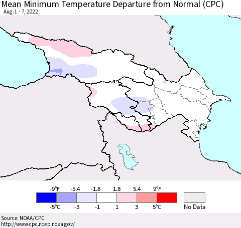 Azerbaijan, Armenia and Georgia Mean Minimum Temperature Departure from Normal (CPC) Thematic Map For 8/1/2022 - 8/7/2022