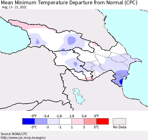 Azerbaijan, Armenia and Georgia Mean Minimum Temperature Departure from Normal (CPC) Thematic Map For 8/15/2022 - 8/21/2022