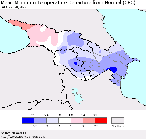 Azerbaijan, Armenia and Georgia Mean Minimum Temperature Departure from Normal (CPC) Thematic Map For 8/22/2022 - 8/28/2022